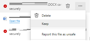 Edge downloads menu with Keep, Delete, and Report options