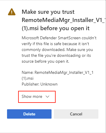 SmartScreen dialog for an installer with Show more highlighted