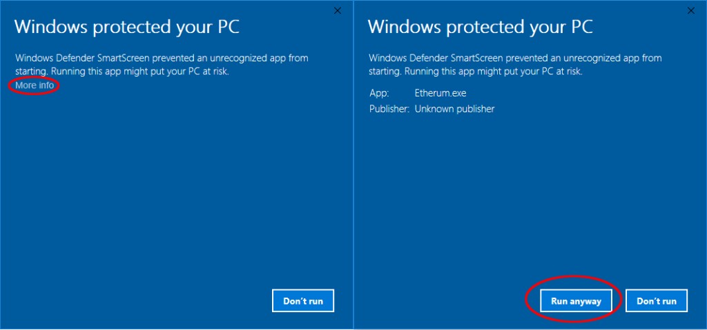 Windows SmartScreen in two steps: left, click More info; right, click Run anyway
